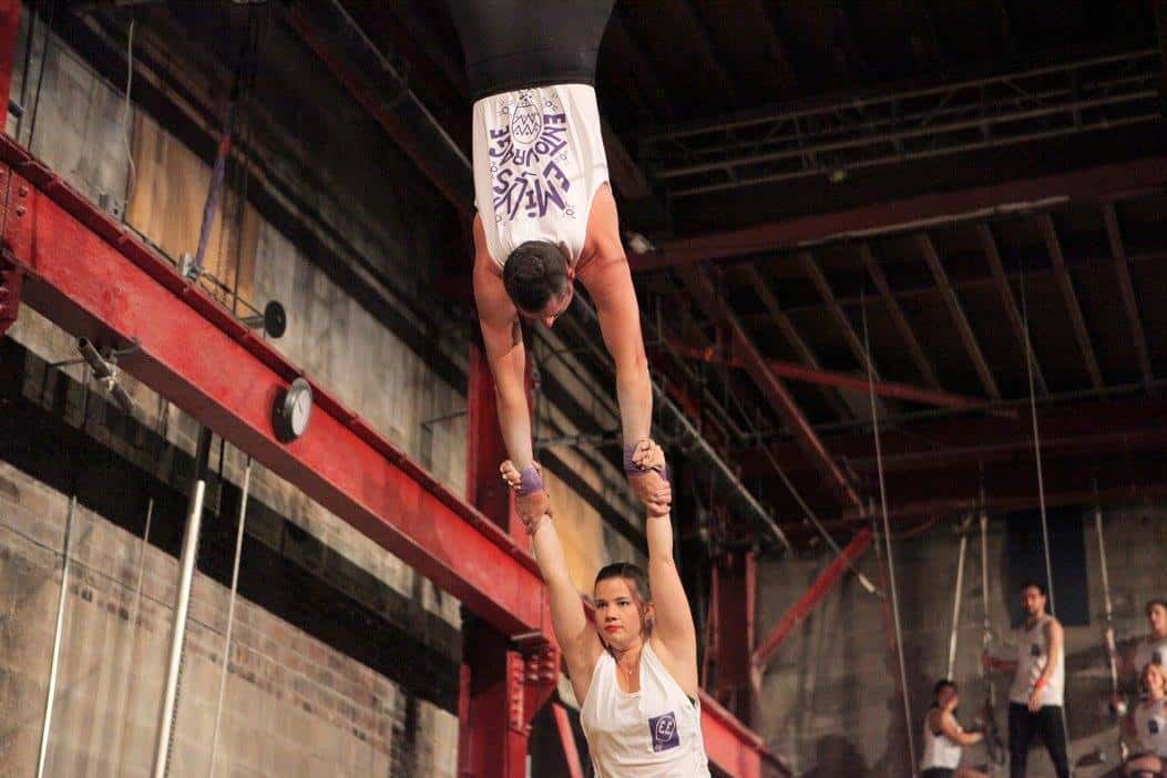 Proudly wearing their EE gear, Streb acrobats amazed the crowd with their performance